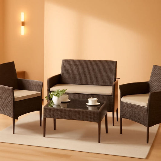 4 Piece PE Rattan Patio Furniture Set With Beige Cushions