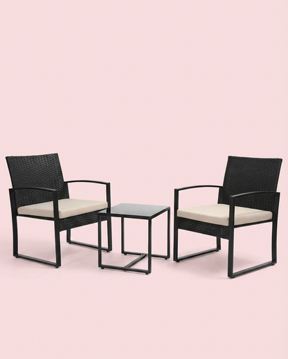 3-Piece Outdoor Patio Furniture Set – Wicker Chairs + Bar Table with Cushions
