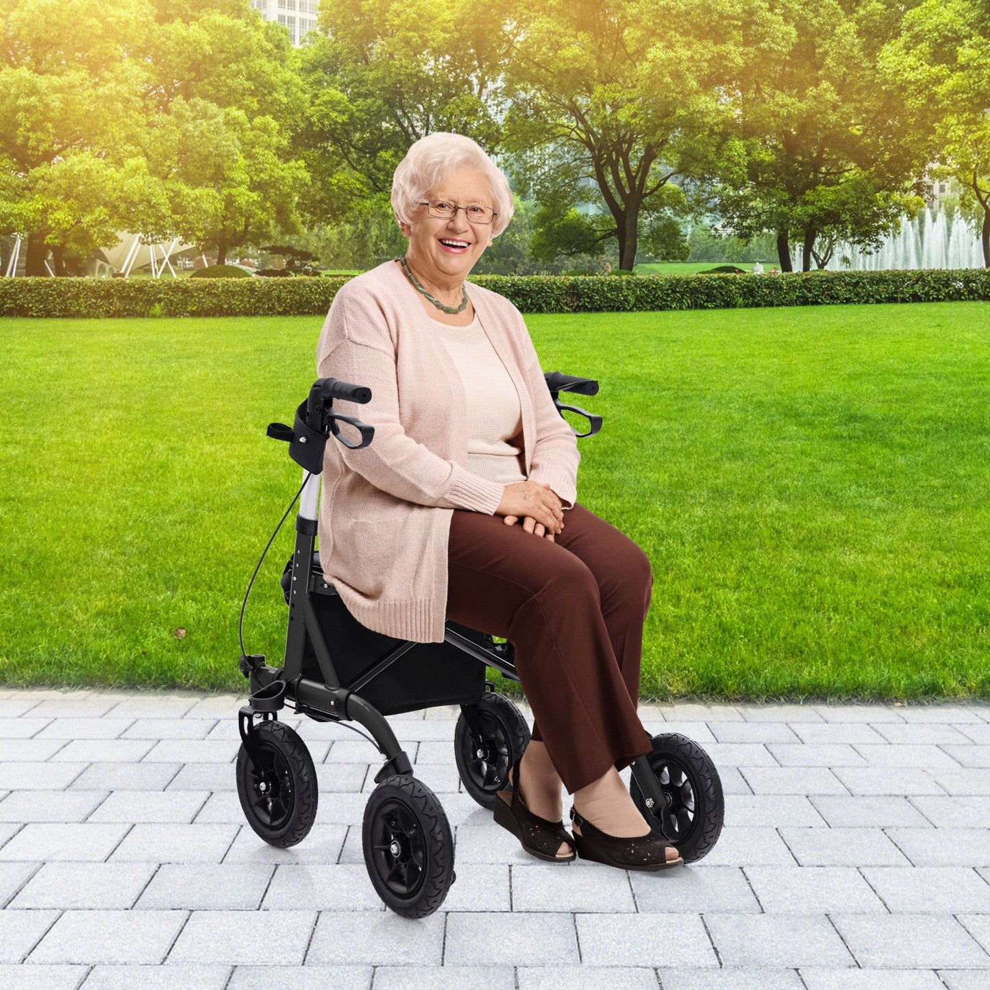 Height Adjustable Rollator Walker Foldable Rolling Walker with Seat for Seniors-Black