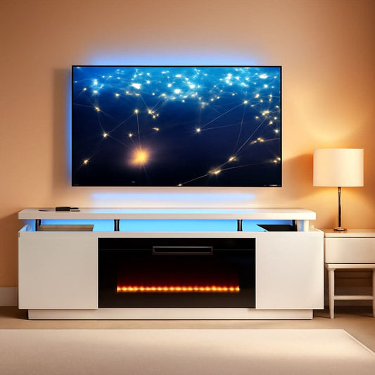 80 Inch White Electric Fireplace TV Stand With LED Lights