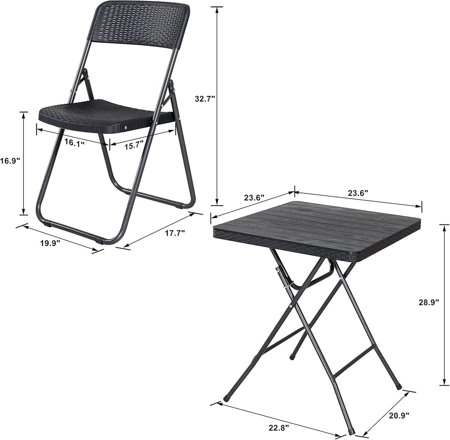 Three Piece Folding Patio Bistro Set All Weather Black For Balcony Porch And Backyard Outdoor Furniture